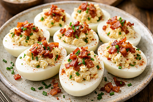 Stuffed eggs Polish style with cottage cheese, horseradish, and crispy bacon