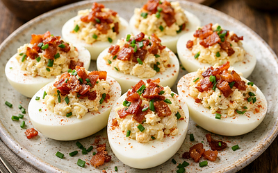 Stuffed eggs Polish style with cottage cheese, horseradish, and crispy bacon
