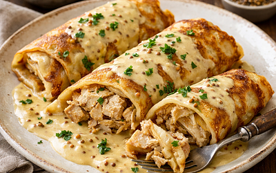 Naleśniki z kurczakiem i kiszoną kapustą w sosie śmietanowo-musztardowym