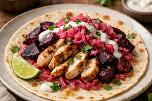 Tortilla with chicken, roasted beetroot, and sauerkraut