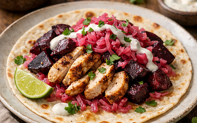 Tortilla with chicken, roasted beetroot, and sauerkraut
