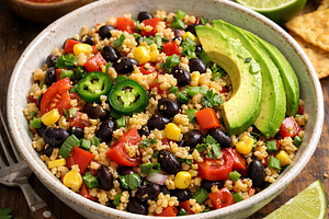 Mexican salad with bulgur, black beans, and avocado