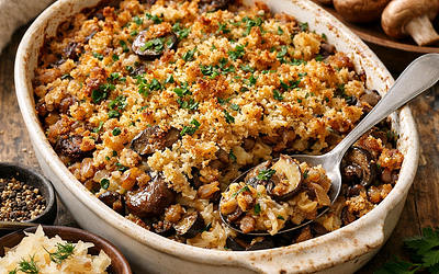 Mushroom, spelt, and sauerkraut casserole