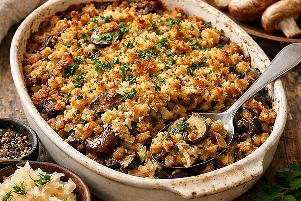 Zapiekanka z pieczarkami, pęczakiem i kiszoną kapustą