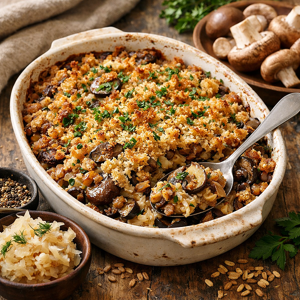 Zapiekanka z pieczarkami, pęczakiem i kiszoną kapustą