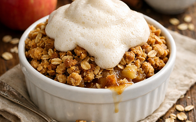 Apple pie with oat crumble and cream foam