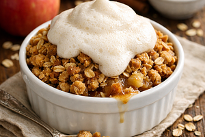 Apple pie with oat crumble and cream foam