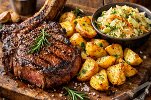 Tomahawk with roasted potatoes and coleslaw with cabbage and sauerkraut