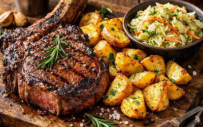 Tomahawk z pieczonymi ziemniakami i surówką z kapusty i kiszonej kapusty