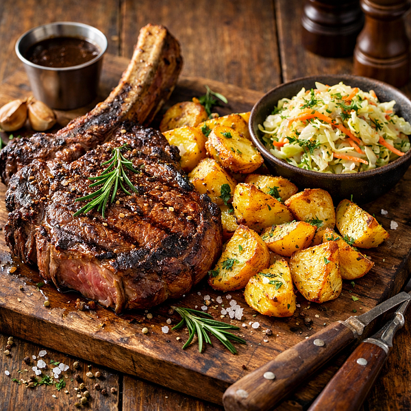 Tomahawk z pieczonymi ziemniakami i surówką z kapusty i kiszonej kapusty