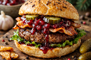Polish-Winter Burger with Beef Patty, Bacon, and Roasted Beet Sauce