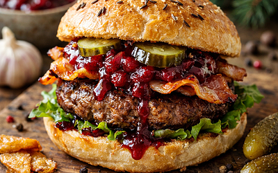Polish-Winter Burger with Beef Patty, Bacon, and Roasted Beet Sauce