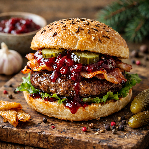 Burger polsko-zimowy z kotletem wołowym, boczkiem i sosem z pieczonego buraka