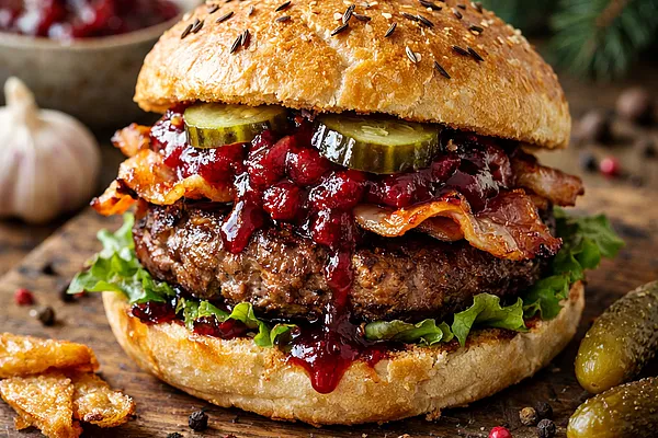 Burger polsko-zimowy z kotletem wołowym, boczkiem i sosem z pieczonego buraka
