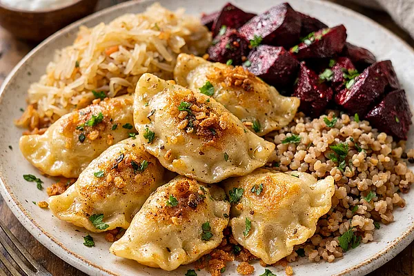 Pierogi warzywne z kapustą kiszoną, pieczonym burakiem i kaszą gryczaną
