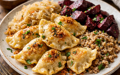 Pierogi warzywne z kapustą kiszoną, pieczonym burakiem i kaszą gryczaną