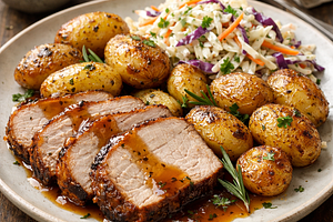 Pork loin roast with roasted potatoes and white cabbage salad