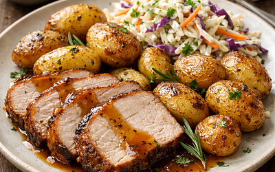 Pork loin roast with roasted potatoes and white cabbage salad
