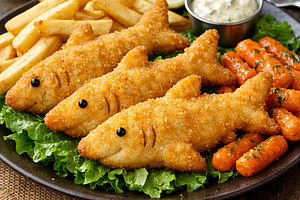Shark-shaped fillets with fries and carrots
