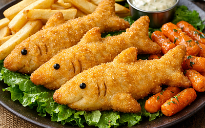 Shark-shaped fillets with fries and carrots