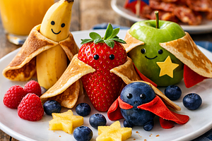 Superhero Breakfast (Fruits with a Pancake Cape)