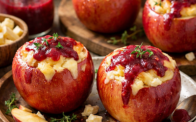Magical apple bowls with a cottage cheese filling and beet-orange sauce