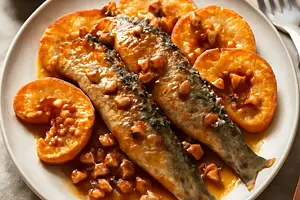 Herring in honey-mustard glaze with caramelized apples and nuts