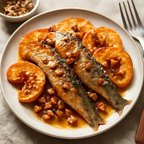 Śledzie w miodowo-musztardowej glazurze z karmelizowanymi jabłkami i orzechami