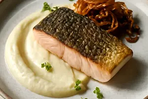 Carp in a modern version: sous-vide with crispy skin, celery puree, and caramelized onion