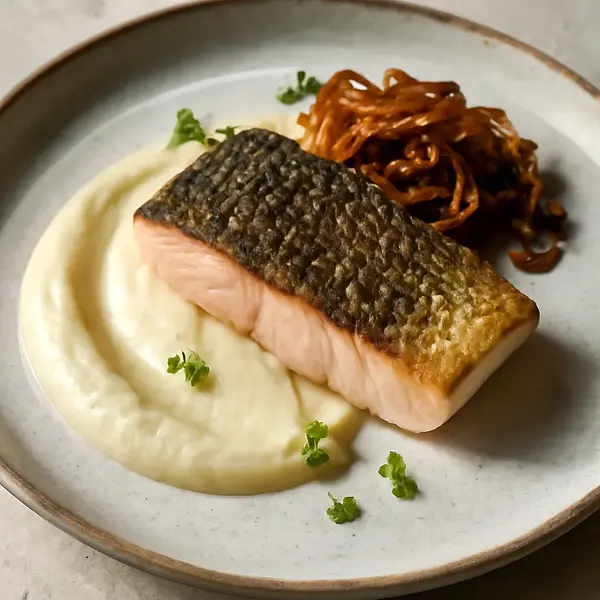 Carp in a modern version: sous-vide with crispy skin, celery puree, and caramelized onion