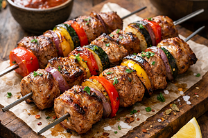 Pork skewers with vegetables