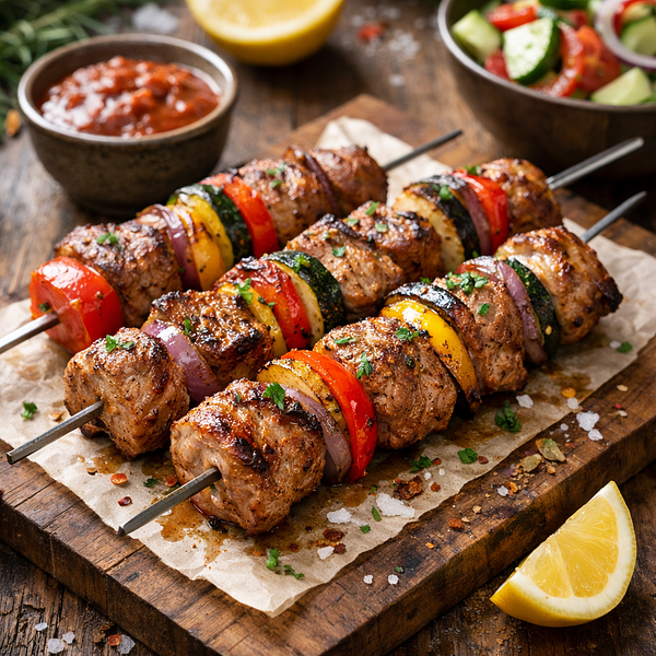 Pork skewers with vegetables