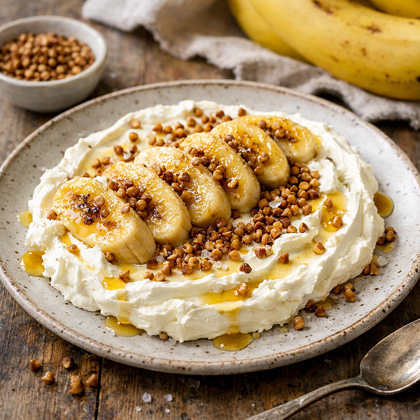 Banana dessert with cottage cheese cream and toasted buckwheat