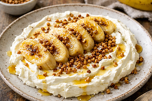 Banana dessert with cottage cheese cream and toasted buckwheat
