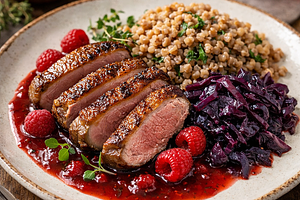 Duck breast in raspberry sauce with buckwheat and braised red cabbage