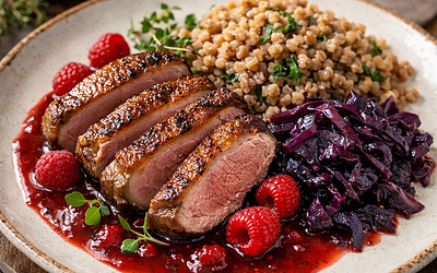 Pierś z kaczki w sosie malinowym z kaszą gryczaną i duszoną czerwoną kapustą