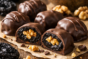 Dried plums in chocolate with walnuts