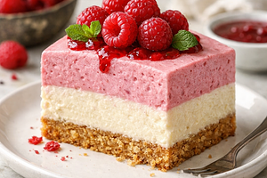 Cheesecake on a biscuit base with raspberry mousse (Polish-modern)