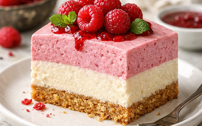 Cheesecake on a biscuit base with raspberry mousse (Polish-modern)