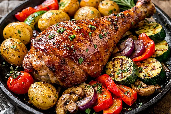 Udziec z indyka zapiekany z ziemniakami i warzywami grillowanymi