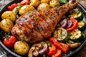Turkey leg baked with potatoes and grilled vegetables
