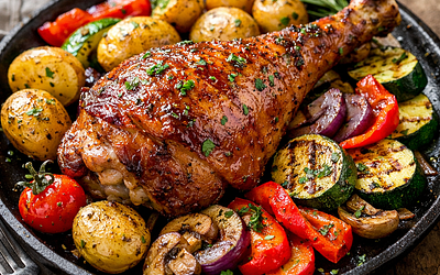 Turkey leg baked with potatoes and grilled vegetables
