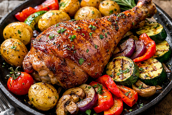 Udziec z indyka zapiekany z ziemniakami i warzywami grillowanymi