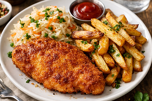 Chicken cutlet with homemade fries and sauerkraut salad