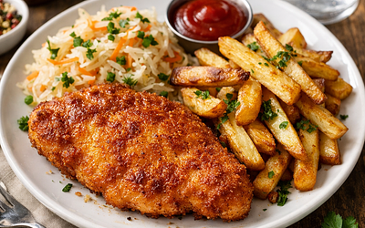 Chicken cutlet with homemade fries and sauerkraut salad