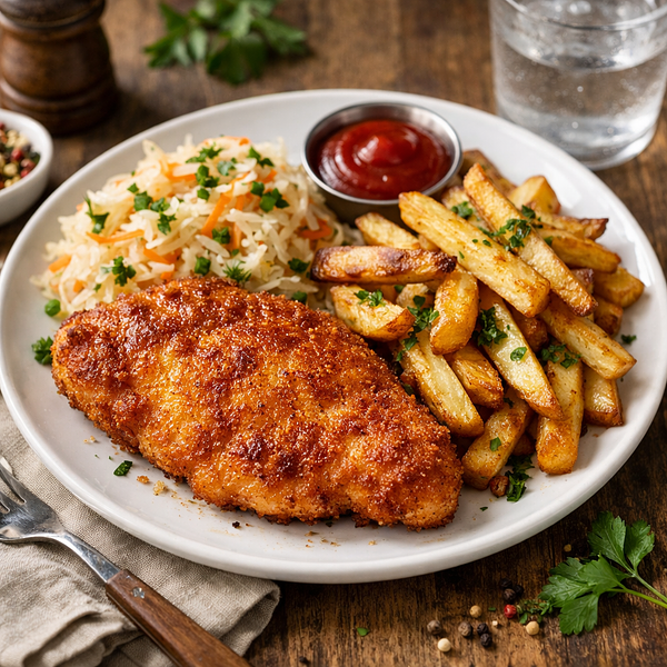 Kotlet de volaille z domowymi frytkami i surówką z kapusty kiszonej