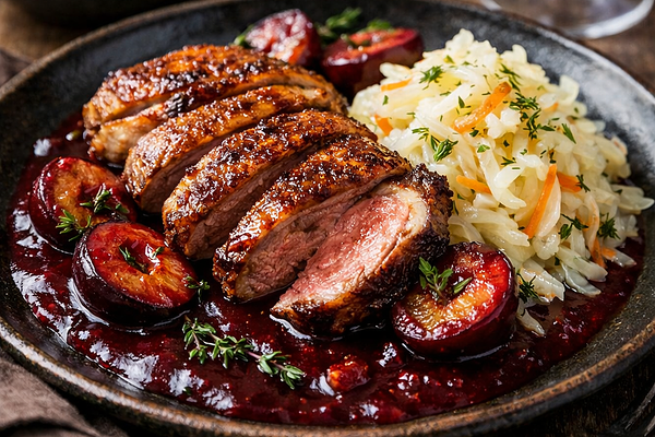 Kaczka w sosie śliwkowo-buraczanym z młodą kiszoną kapustą