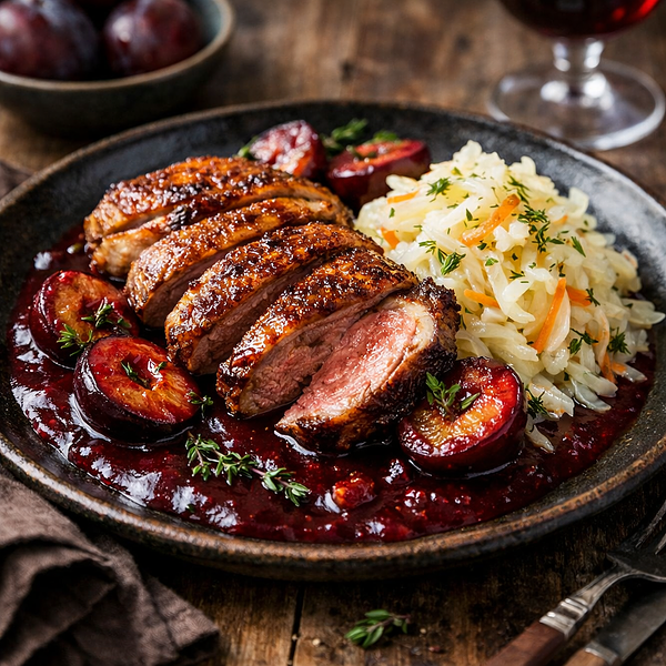 Kaczka w sosie śliwkowo-buraczanym z młodą kiszoną kapustą