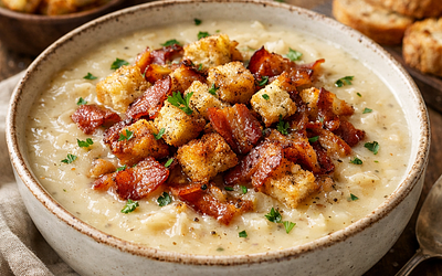 Sauerkraut Cream with Crispy Bacon and Garlic Croutons