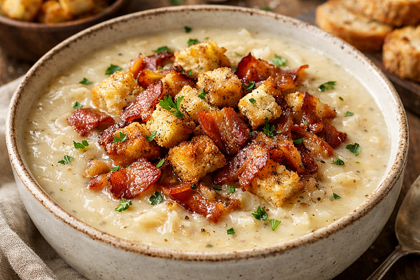 Krem z kiszonej kapusty z prażonym boczkiem i grzanką czosnkową